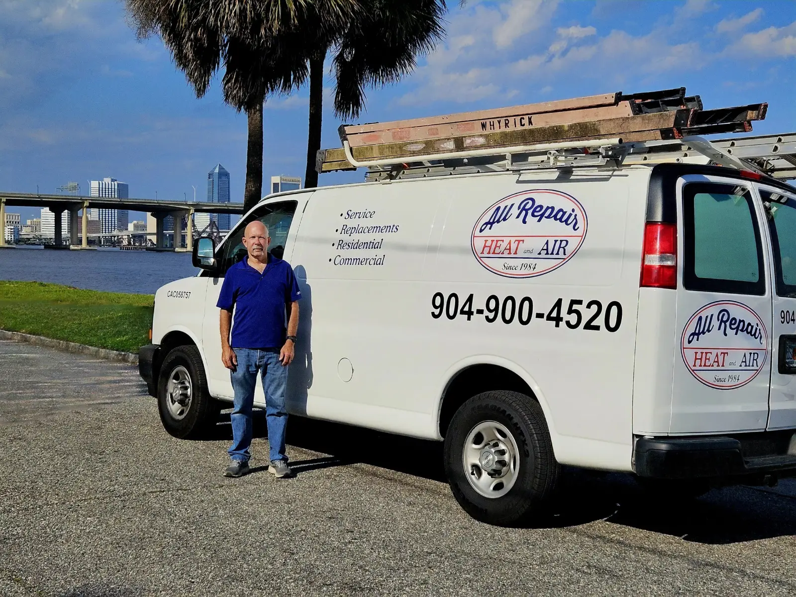 Ken beside the All Repair Heat and Air van on the Jacksonville riverfront